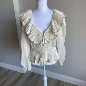 VTG Partique NY Ivory Satin Pleated Couture Peplum Blouse Gold Trim Women’s M **